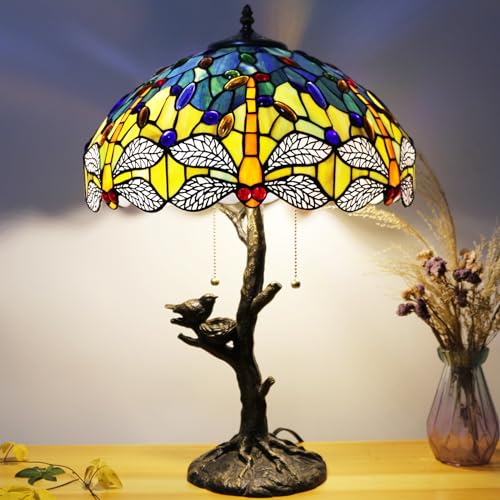 Image of 16Inch Tiffany Lamp Shade Replacement Only(Blue Yellow Dragonfly) | Stained Glass Lampshade Fit For Table Lamps FLoor Lamp Ceiling Fixture Pendant Hanging Light Home Office Decoration