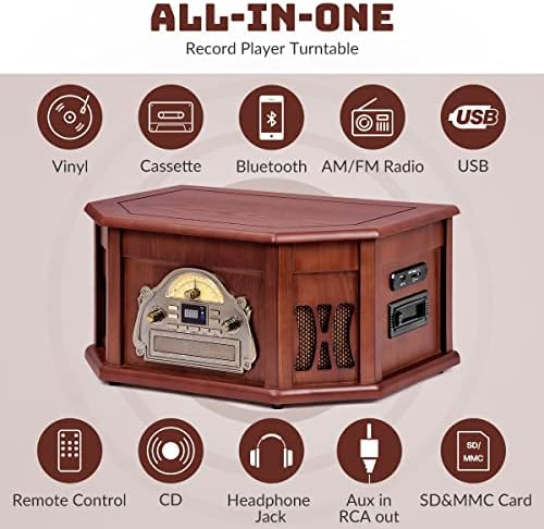 ORCC 10-in-1 Record Player, Nostalgic Turntable for Vinyl Record with Bluetooth, 2 Built-in Speakers, CD, Cassette, AM/FM Radio, USB, SD Slot, Remote Control