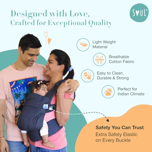 Image of SOULSLINGS Aseema Baby Carrier - Denim | Award-Winning Newborn to Toddler Carrier | Adjustable for 0 Months to 2 Years, Breathable Natural Fibres | Front & Back Carrying, Machine Washable