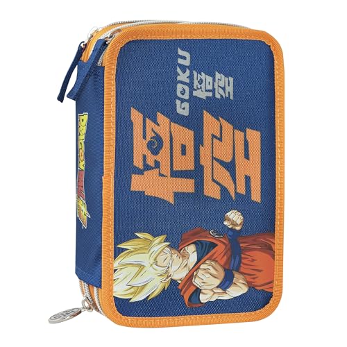 Dragon Ball Super - Estuche Escolar Oficial Dragon Ball, Estuche con 3 Compartimentos para niño y niña con Juego de papelería, bolígrafo borrable Azul y práctico Cierre de Cremallera, 20 x 13 x 7 cm,