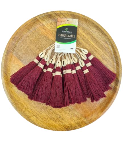 Image of Zippy Flora Handmade Cotton Tassels with Cowrie Shells for DIY & Crafts Project, Pack of 10 (Burgundy)