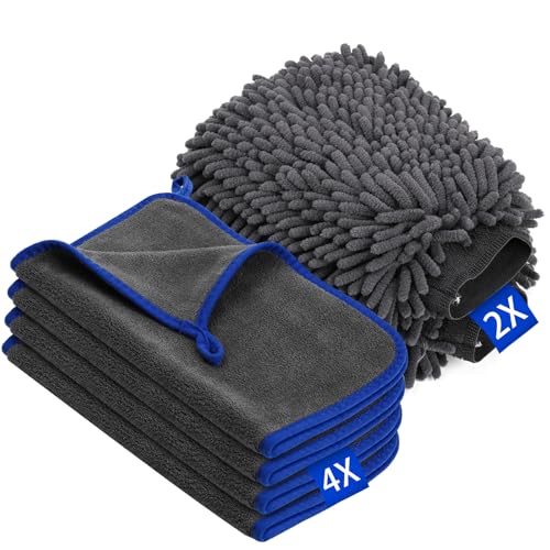 YOMKILU 6 Stück Auto Waschen Set, Auto Reinigungsset mit 4 Stück Mikrofasertücher & 2 Stück Waschhandschuh, Auto Zubehör Accessoires Autopflege Trockentuch zum Kratzfreien, Car Cleaning Kit