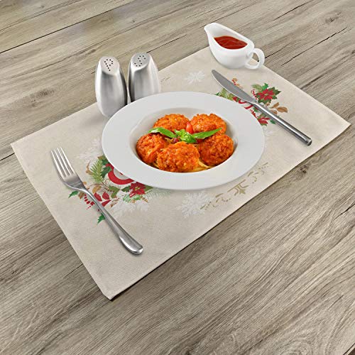 Ambesonne Christmas Place Mats Set Of 4, Merry Xmas Wish Fir Tree Branches Poinsettia Flowers Birds And Deer, Washable Fabric Placemats For Dining Table, Standard Size, Green Red #TOP1