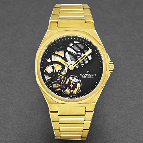 Manager Men's 'Revolution' Black Dial Stainless Steel Bracelet Hand Winding Watch MAN-RM-10-GM4