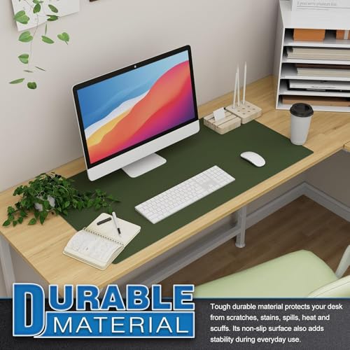 Image of AROPANA Vegan Leather Desk Mat | Large Reversible Mouse Pad & Computer Table Protector | Dual-Side Waterproof Extended Laptop Pad with Edge-Stitched Design (90x45CM, Deep Green & Grey)