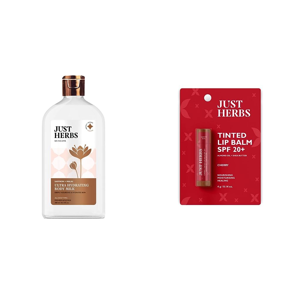 Just Herbs Saffron + Malai Nourishing Body Milk Lotion- 300ml & Just Herbs Tinted Lip Balm 4 g (Cherry) Combo-image-25