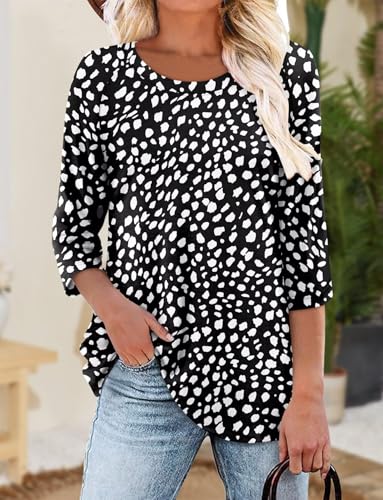 KISSMODA Tunic Tops for Women Loose Fit Dressy Round Neck Pleated 3/4 Length Sleeve Spring Tops
