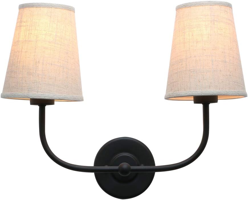 Vintage Double Sconce Matte Black 2-Lights Sconce with Flared Funnel Linen Beige Fabric Shade for Bedroom, Bedside, Living Room Wall Mount Picture Light Fixture