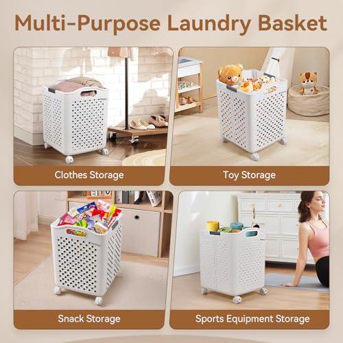 60L Laundry Basket Plastic Washing Baskets for Laundry Rolling Laundry Hamper Foldable Laundry Basket with Handle and Wheels Clothes Storage for Laundry Room,Bathroom,Bedroom,Dorm - Image 7