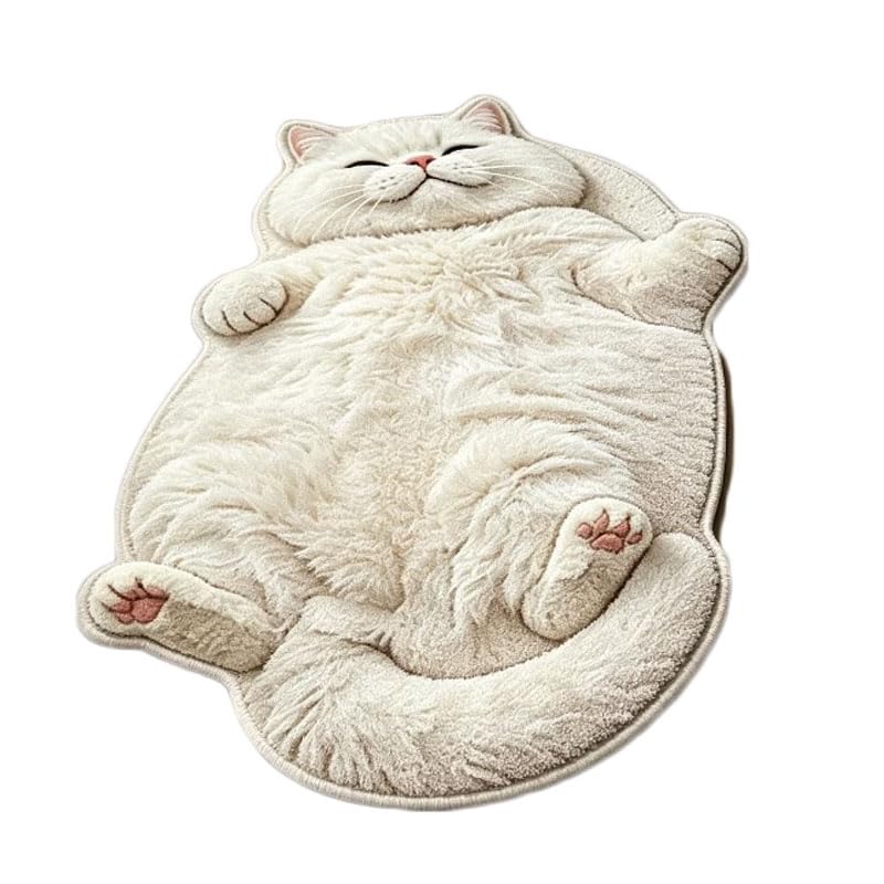 Glyntheum Cute Fluffy Cat Shaped Rug, Non-Slip Washable Faux Shaggy Floor Mat, Soft Animal Rug for Bathroom Bedroom Nursery Home Decor, Gift for Cat Lovers, White