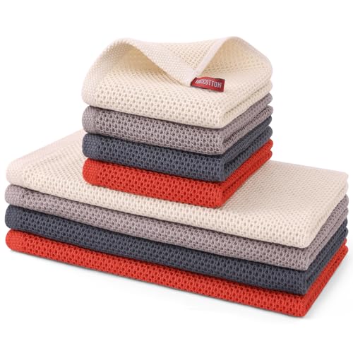 Kitinjoy 100% Cotton Kitchen Towels and Dishcloths Set, 8 Pack- Multicolor