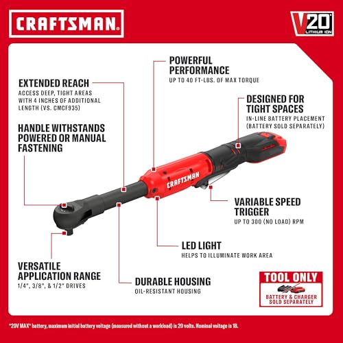 Image of CRAFTSMAN V20 Electric Ratchet, Extended Reach, Cordless 3 /8 Ratchet with Multi-Size 1 /4 and 1 /2 Drive Interchangeable Anvils, LED Light, 300 RPM, 40 ft-lbs Torque, Battery Not Included (CMCF936B)