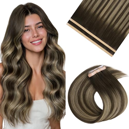 Image of GOO GOO Tape In Weft Hair Extensions Human Hair, Genius PU Long Weft Tape In Hair Extensions Real Human Hair, Silky Easy to Use, 4 /26 /4 Balayage Chocolate Brown to Honey Blonde 22 inch 70g 2pcs