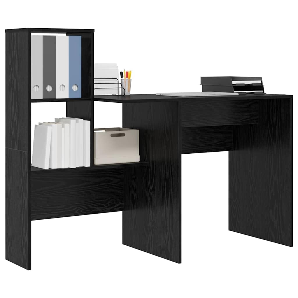 Scrivania nera effetto rovere, 131,5 x 50 x 106,5 cm, materiale in legno opaco, con 3 ripiani, moderna per la casa, ufficio, per studio, durevole, con spazio di archiviazione
