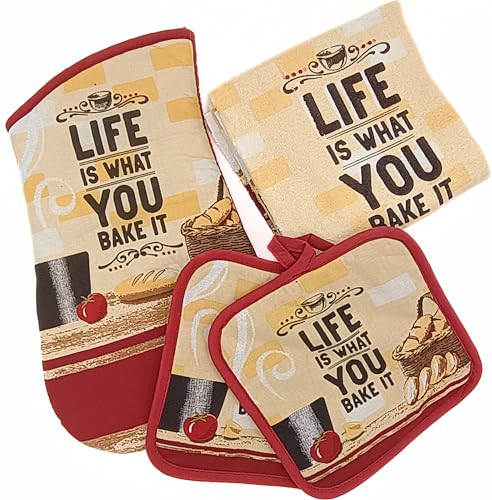 Sg6 Kitchen Linen Set, 5 Piece, Life is What You Bake It Design, 2 Dish Towels 15x25, 2 Pot Holders 7x7, Oven Mitt 7x13,