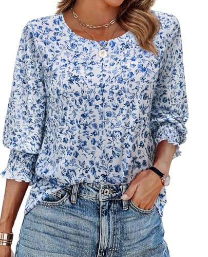 Spring Tops for Women 2025 3/4 Sleeve Blouse Crewneck Pleated Tunic Tops Dressy Casual Shirts Business Work Outfits