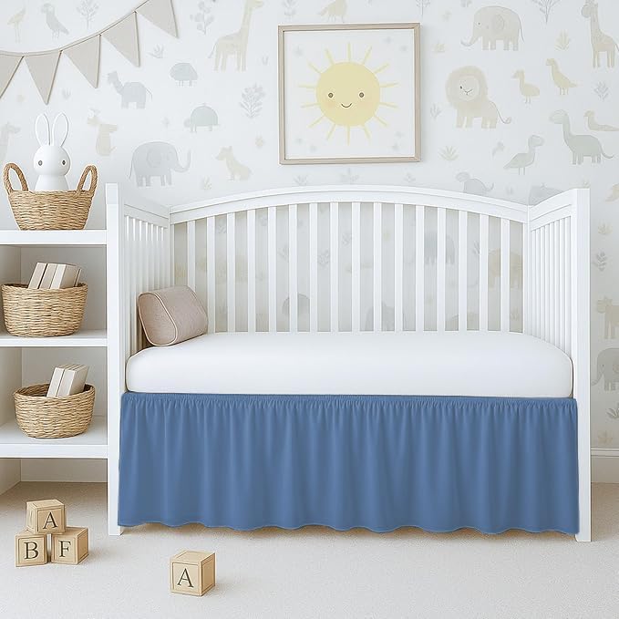 Dust Ruffle Crib Skirt, 100% Egyptian Cotton 800 Thread Count, Crib Size (28" x 52"+14") Inch Drop Toddler Bed Skirt for Baby Boys or Girls - Medium Blue Solid