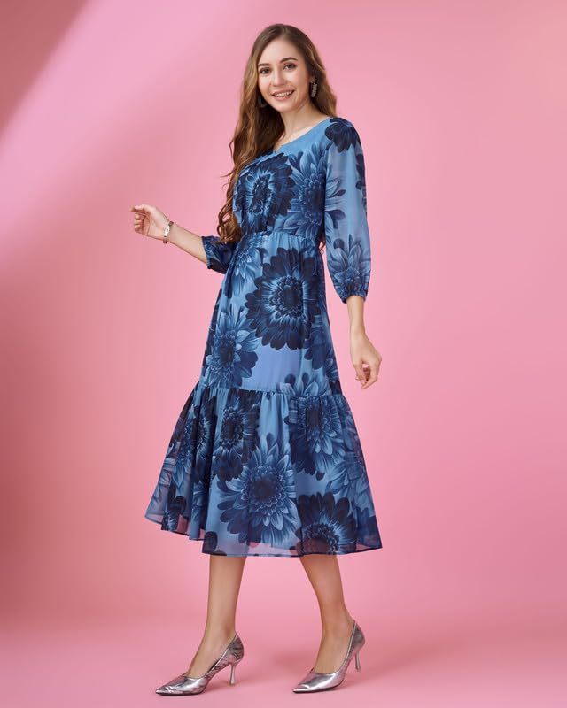 Image of MOJILAA Women's Georgette Floral Printed Gathered Dress
