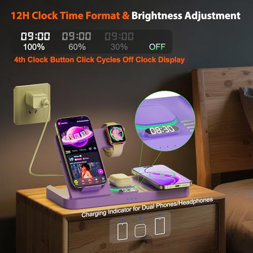 Image of Dual Phone Magnetic Wireless Charging Station for Apple Devices, 7-Color Auto Light & 12H Clock, Multi-Device Charger for iPhone 17 /16 /15, for iWatch 11 /10 /9 & AirPods Pro3(Purple
