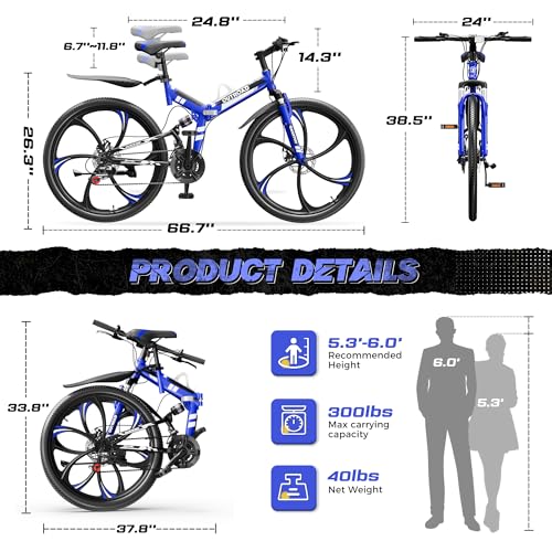 Image of Outroad 26 Inch Folding Mountain Bike, 21 Speed Full Suspension High-Carbon Steel MTB Foldable Bicycle, Dual Disc Brake Non-Slip Adjustable Seat Folding Bikes for Adults /Men /Women, Black, Orange