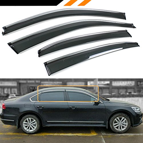 Smoke Tinted Clip on Window Visor Rain Guard W/Chrome Trim for 2011-2018 Volkswagen Passat