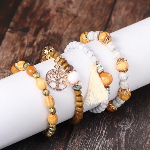 SHUBEIEUMI Boho Holzperlen Armband, 4 Stück Boho Quaste Armband für Damen, Frauen Baum des Lebens Charm Statement Armreifen, Kristall Perle