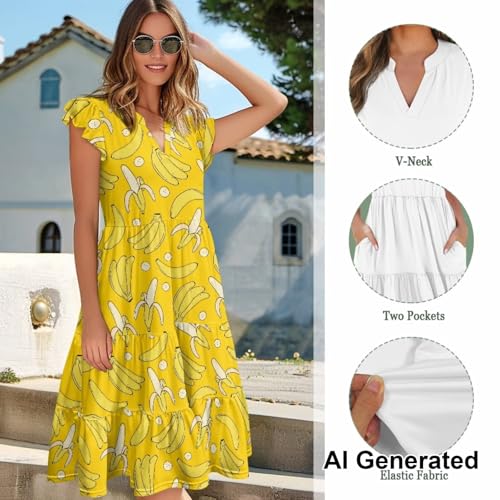 Image of Womens Summer Dress Ruffle Sleeve V Neck Dress Casual Fit Flowy Beach Vacation Sundress with Pocket S-2XL