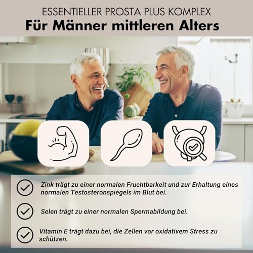 Prosta Plus Komplex - 180 Prostata Kapseln hochdosiert - einzigartige Formel aus Kürbiskern-, Sägepalmen-, Brennnesselwurzelextrakt mit Zink, Vitamin E & Selen - geprüfte Prostata Komplex Kapseln