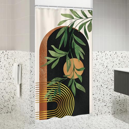 Image of Riyidecor Small Stall RV Boho Black Brown Shower Curtain Narrow Mid Century Abstract Modern Arch Leaves Sun 36Wx72H Inch Geometric Minimalist Fabric Decor Bathroom Polyester Waterproof Hooks
