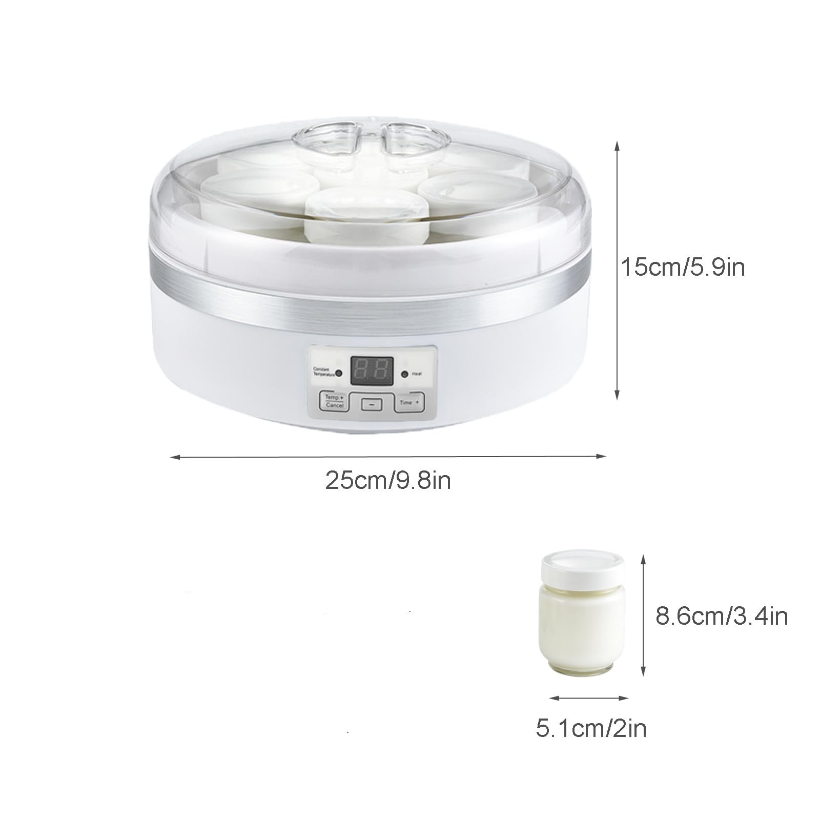 Macchina per Yogurt da 1,7 Litri con Timer E Filtro, Rivestimento Interno in Acciaio Inox, Include 7 Vasetti in Vetro, per Yogurt Greco.
