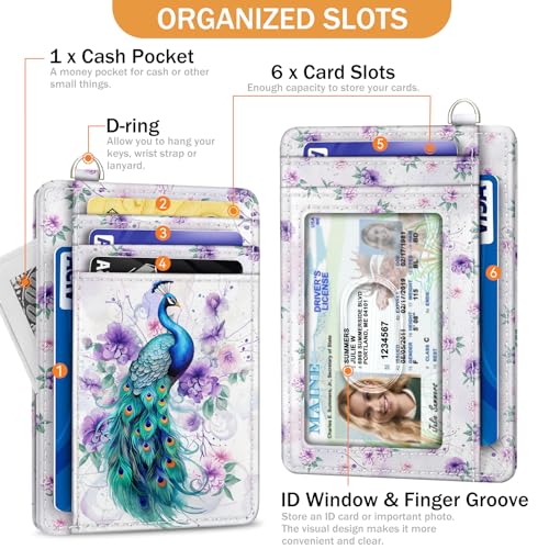 Image of Yonlevres Peacock Credit Card Holder Slim RFID Wallet Women Small Travel | Front Pocket, Handy, RFID Blocking, Woman Girls Ladies Gifts, D-ring for Keychain,Thin Mini Card Case, ID Window, PU Leather