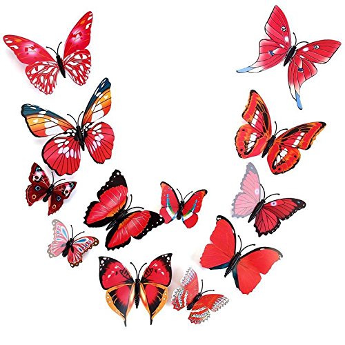 Image of PINDIA Decorative Beautiful DIY 3D Butterfly Removable PVC Home Wall Decor Magnet Wall Sticker (Red Color, Random Design), Set of 12 Pc