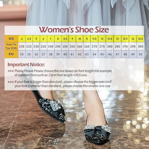 Women's Pointed Toe Rhinestone Bow Flats Comfortable Soft Slip on Low Heel Wedding Dress Shoes Sparkly Ballet Flats 6