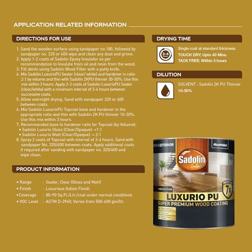 Image of Sadolin by Dulux | Luxurio PU Sealer White - Premium Primer for Wood Coating | Luxurious Italian Finish | Wood Polish with Excellent Scratch, Stain, and Crack Resistance, 1 litres