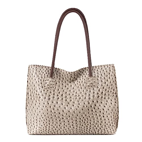 Milan Chiva Leather Tote Bag for Women with Zipper Large Ostrich Hobo Purse Shoulder Purses and Handbags Light Gray Gift MC-1038LGY
