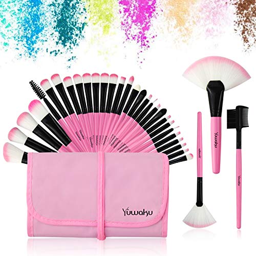 Yuwaku Pink Makeup Brush Set, 32pcs Premium Synthetic Brushes, Kabuki Foundation Brush Blending Face Powder Blush Concealers Eye Shadows Cosmetic Brushes Kit with Nylon Bag