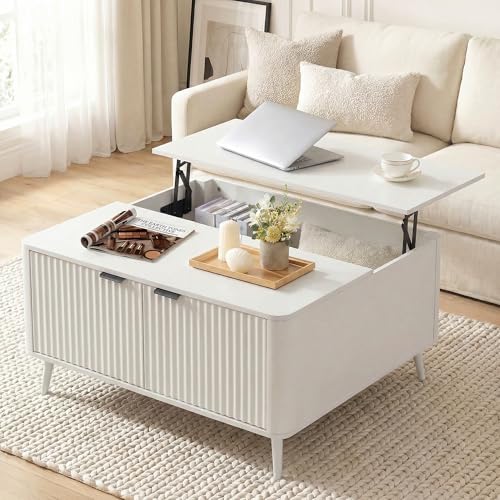 Fatmok Large Lift Top Coffee Table with Hidden Compartment 35.4 Wide Oversized Square Coffee Table with Storage Mid Century Modern Fluted Center Table for Home Living Room White