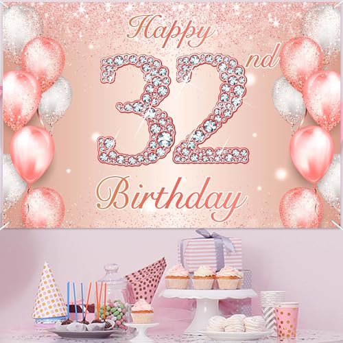 Image of Happy 32nd Birthday Rose Gold Banner Cheers to 32 Years Old Backdrop Confetti Balloons Theme Decor for Women 32 Years Old Pink Birthday Party Decorations Bday Supplies Background Favors Gift Glitter