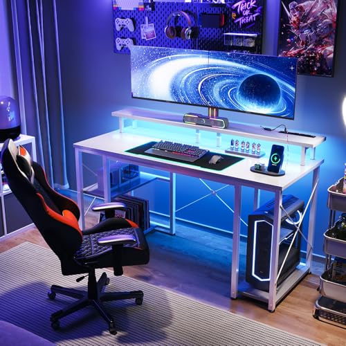 Image of ODK 48 inch Gaming Desk with LED Lights & Power Outlets, Computer Desk with Monitor Stand & Storage Sheves, CPU Stand, Home Office Desk, White
