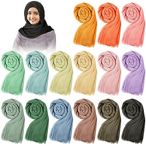 Janmercy 15 Pieces Hijab Scarfs for Women All Seasons Muslim Head Scarf Long Stylish Soft Wrap Shawl, 15 Color