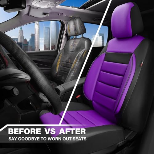 Image of CAR PASS Leather Car Seat Covers Front Seats Only, Universal Fit 3D Foam Support Car Seat Covers for Trucks Vans SUVs Comfortable Automotive Interior Airbag Compatible 2 Pieces (Black Purple