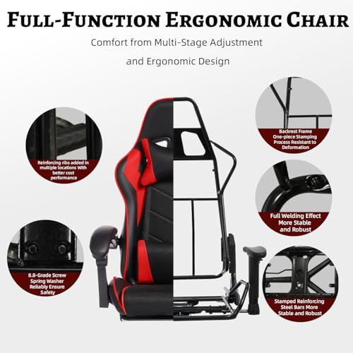 Image of Gaming Chair with Headrest and Lumbar Support, High Back Leather Computer Office Desk Chair with Footrest, 360 Swivel Height Adjustable Recliner Game Chair (Red Black)