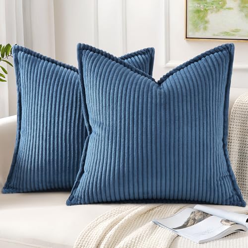 Mecatny Corduroy Throw Pillow Covers 22x22 Set of 2, Neutral Decorative Soft Boho Couch Pillow Covers with Broadside for Sofa Living Room, Navy