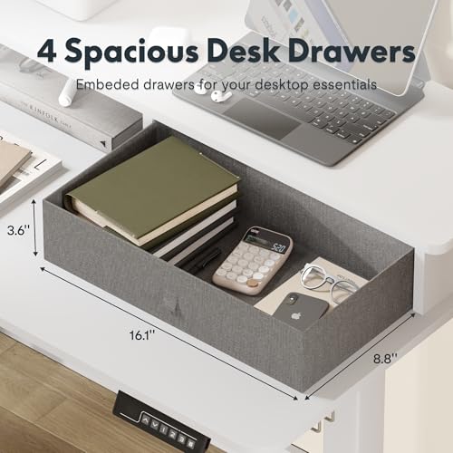 Image of FLEXISPOT 63 inch L Shaped Standing Desk with Shelf Electric Corner Table, Drawers, Adjustable Computer Workstation for Home, Office,63x55in, White Top + White Frame