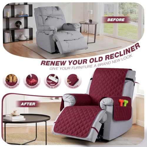 Image of TAOCOCO 100% Waterproof Recliner Covers With Leg Straps, Reversible Recliner Couch Cover For Reclining Chair, Washable Couch Protector For Pets Kids (1 Seater 22 inch, Wine)