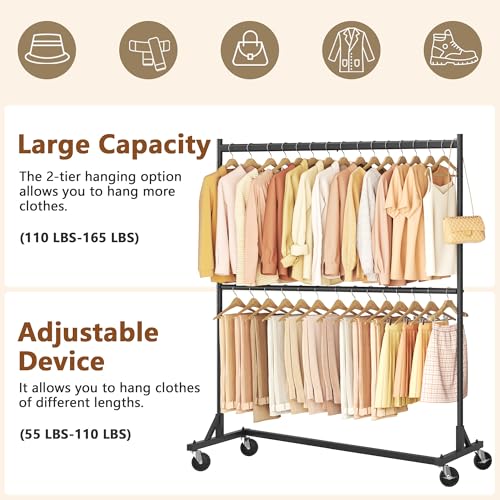 Image of Hoctieon Double Rod Z Rack, Set of 2,Rolling Clothes Racks with Z-Base, Adjustable Clothing Rack, Standing Clothes Rack, Metal Clothing Racks for Hanging Clothes, Portable Garment Rack, Black