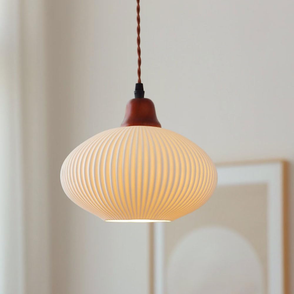 HXYSXHJUO Pendant Light Ceramic Hanging Ceiling Lamp Wood Suspened Lights Modern White Lantern Small Chandelier E27 Droplight for Living Room Restaurant Bedroom Kitchen Island