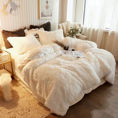 Image of XeGe Plush Shaggy Duvet Cover, Luxury Ultra Soft Crystal Velvet Fuzzy Bedding 1PC(1 Faux Fur Duvet Cover), Fluffy Furry Comforter Cover for Bedroom Home Decoration, Zipper Closure (King, Light Beige)