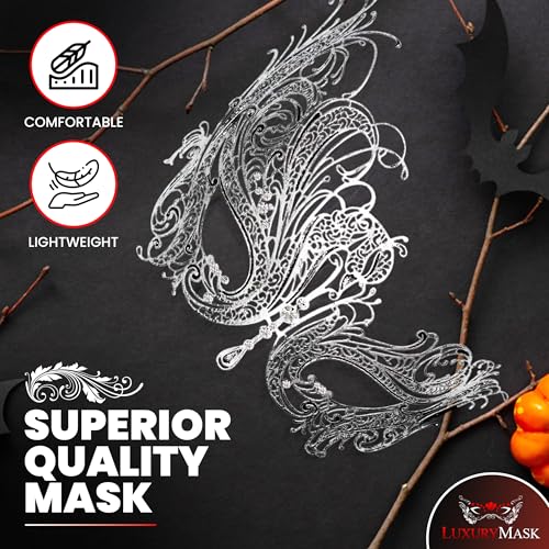 Image of Metal Filigree Masquerade Mask for Women - Swan Style Mask with Rhinestones for Mardi Gras, Prom, Halloween & Venetian Party