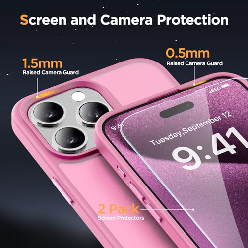 Image of Miracase Magnetic for iPhone 15 Pro Case 6.1 inch (Compatible with MagSafe)(with 2X Screen Protectors)Military-Grade Protection, Anti-Fingerprint Translucent Matte Phone Cover, Mes Pink